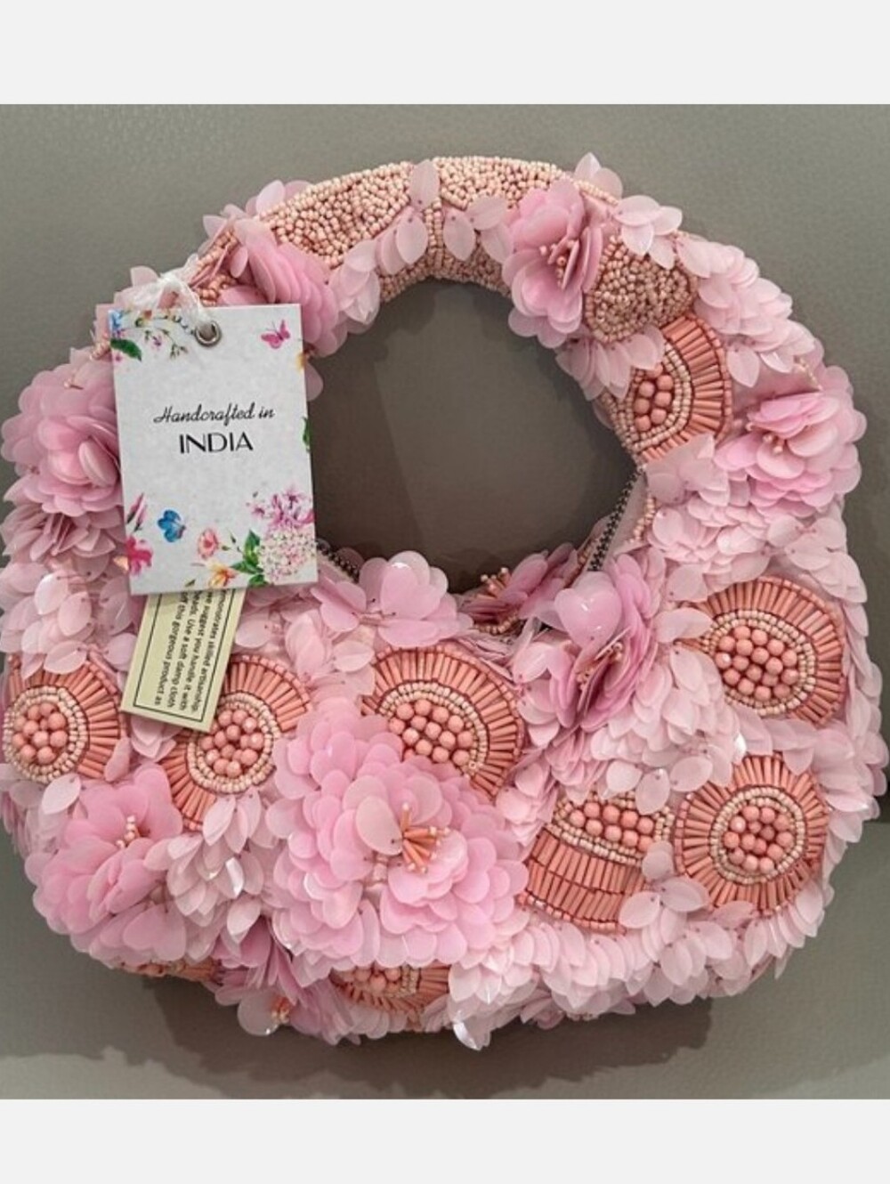 Handcrafted In INDIA Pink Floral Beaded Bag BNWT EL